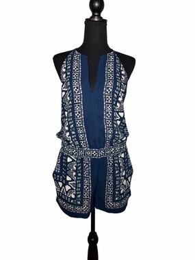 BCBGMaxAzria Navy and White Printed Halter Romper XS